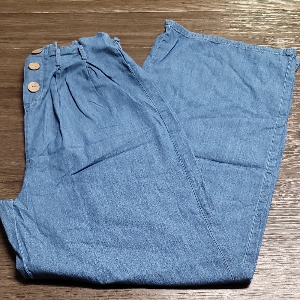 Women's Blue Cotton Straight Leg Pants with Button Detail